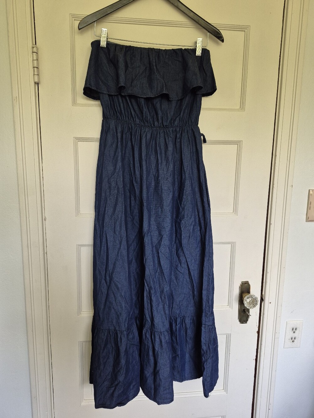 Strapless Ruffle Chambray Maxi Dress Medium By Voanova Made In Italy
